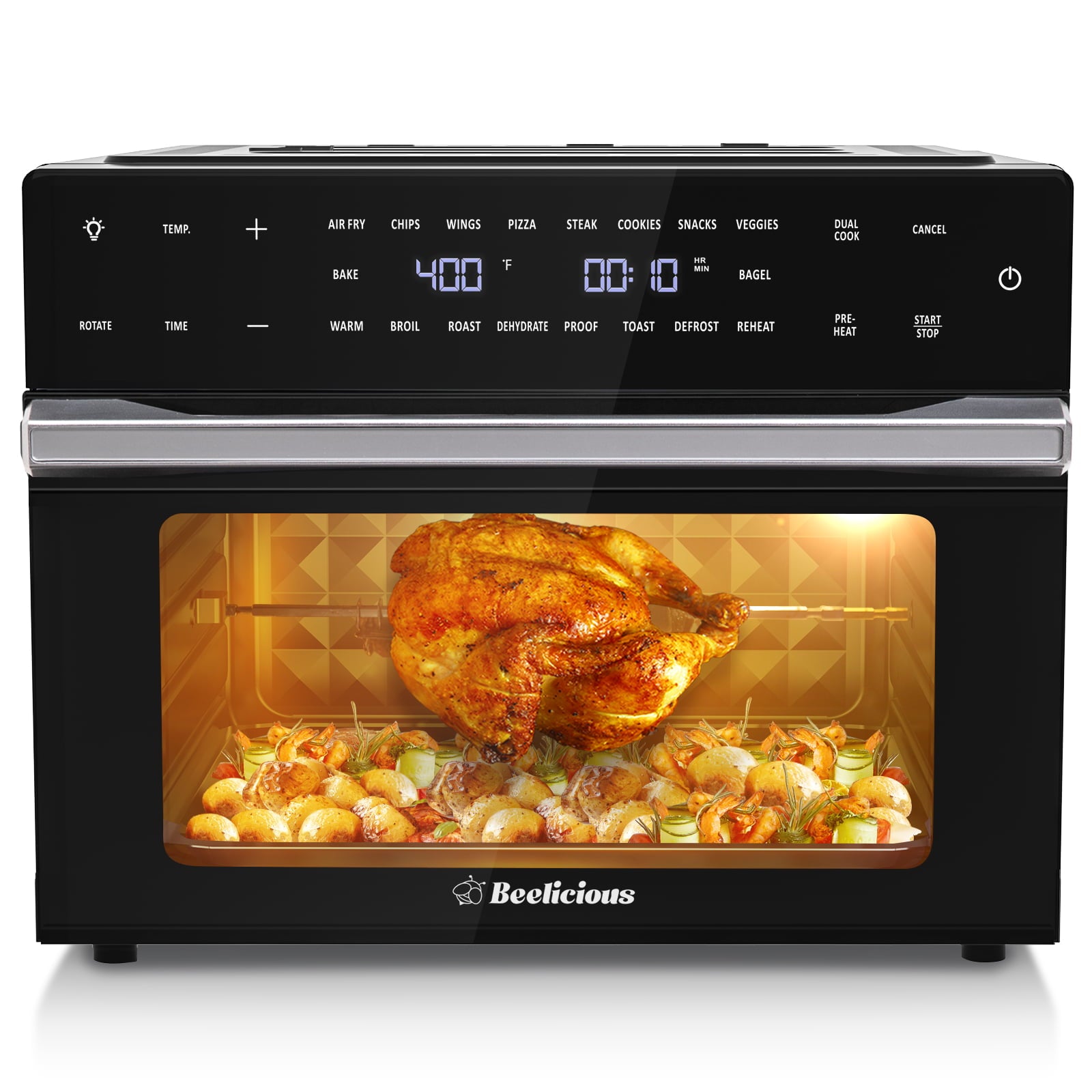 Beelicious® 32QT Extra Large Air Fryer Toaster Ovens Pro, with Rotisserie and Dehydrator, Smart Digital Toaster Oven Air Fryer Combo, Digital Countertop Convection Oven, 6 Accessories, 1800w, Black