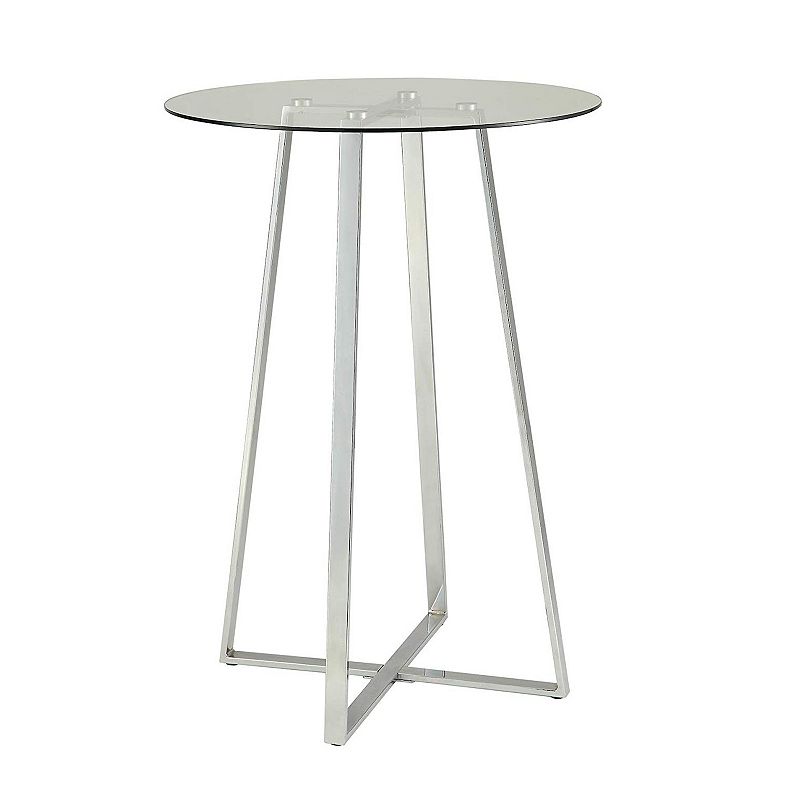 Round Glass Top Metal Frame Bar Table with Angled Legs， Silver and Clear