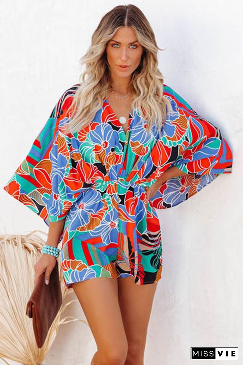 Multicolor Floral Print V Neck Kimono Sleeve Romper