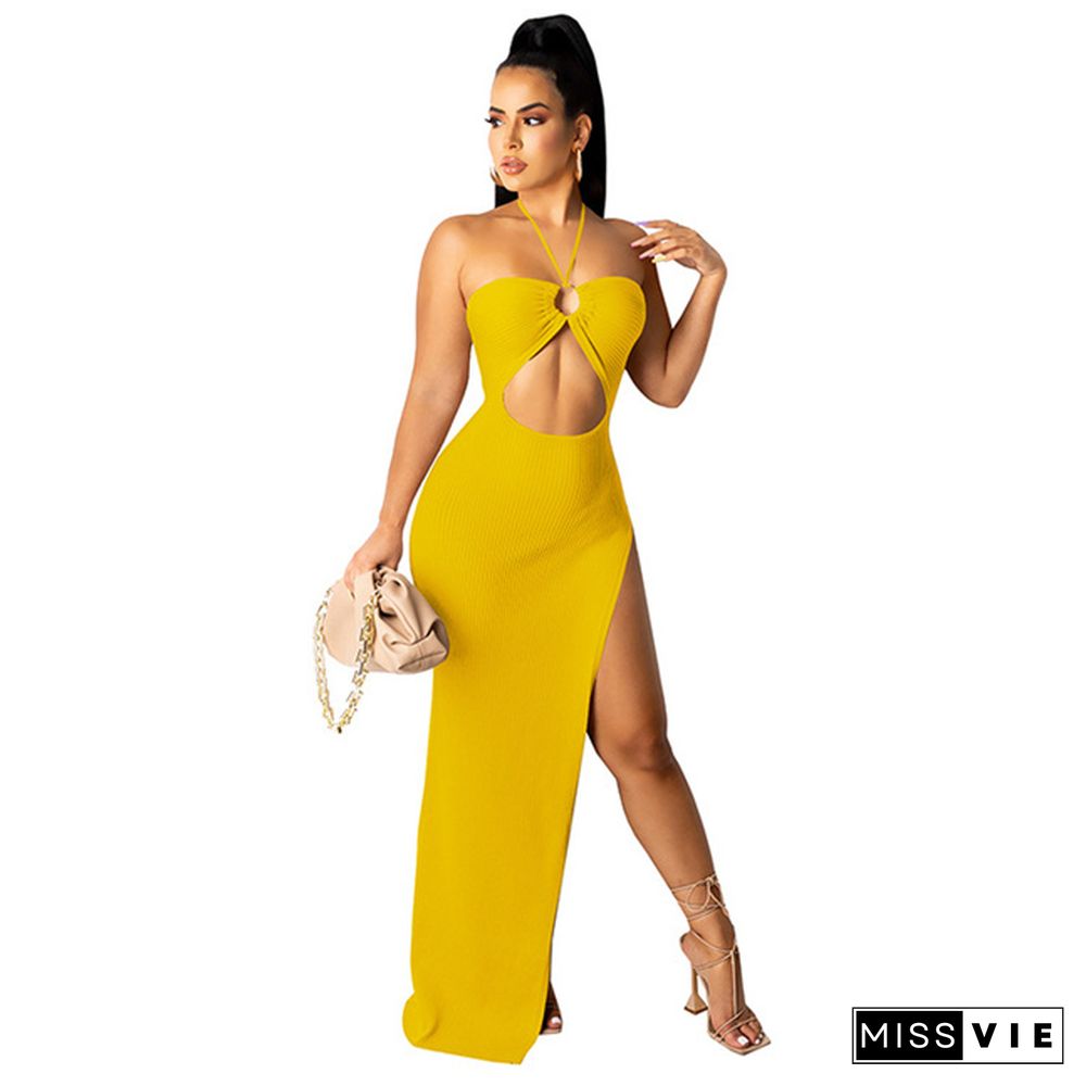 Women Sexy Solid Color Sleeveless Halter Hollow Out Asymmetrical High Splited Night Club Long Dresses