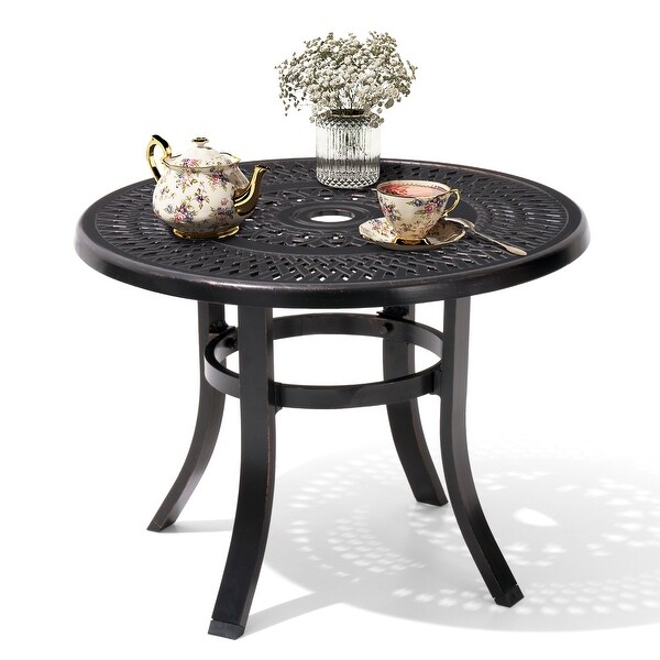 Cast Aluminum Patio Side Table Outdoor Round Table with Umbrella Hole