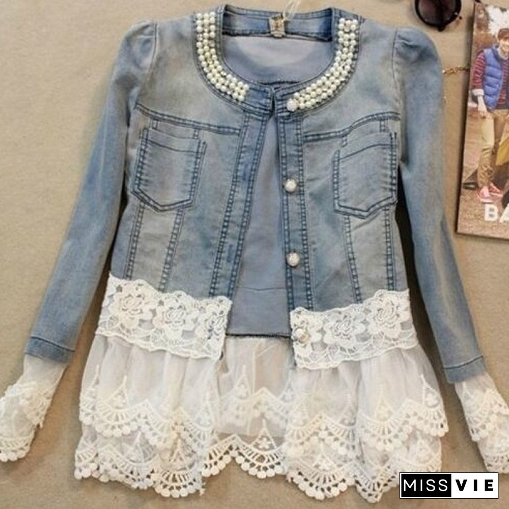 Women Denim Jacket Fashion Chiffon Slim Casual Splice Coat