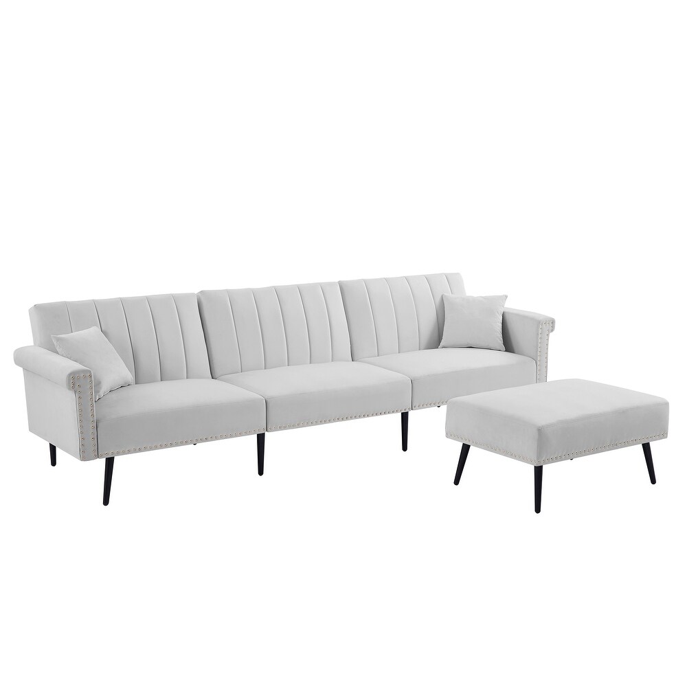 Velvet Upholstered L Shaped Sectional Sofa Convertible Sofa Bed with Nailhead Trim and Ottoman  Adjustable Backrest Positions