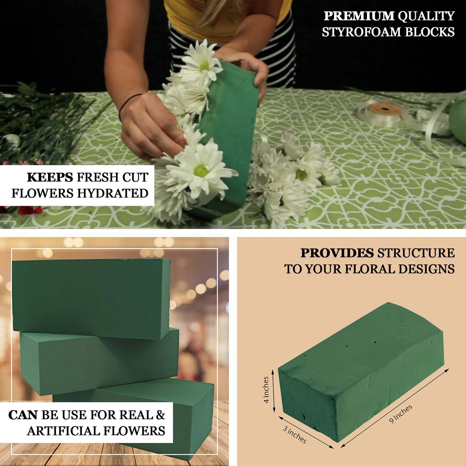 3 Pack Green Wet Floral Foam Bricks, Flower Arrangement Foam Blocks