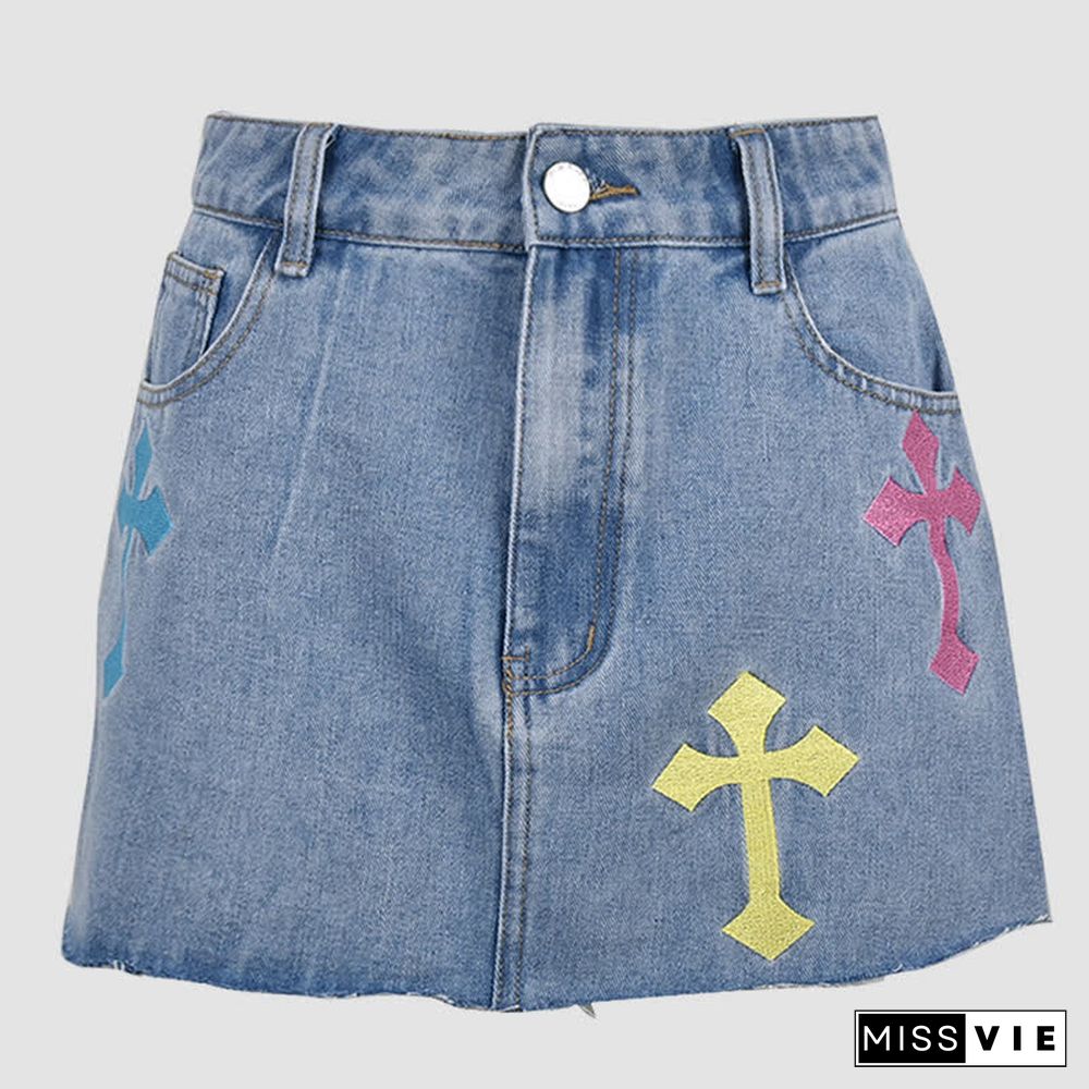 Cross Embroidery High Waist Denim Skirt