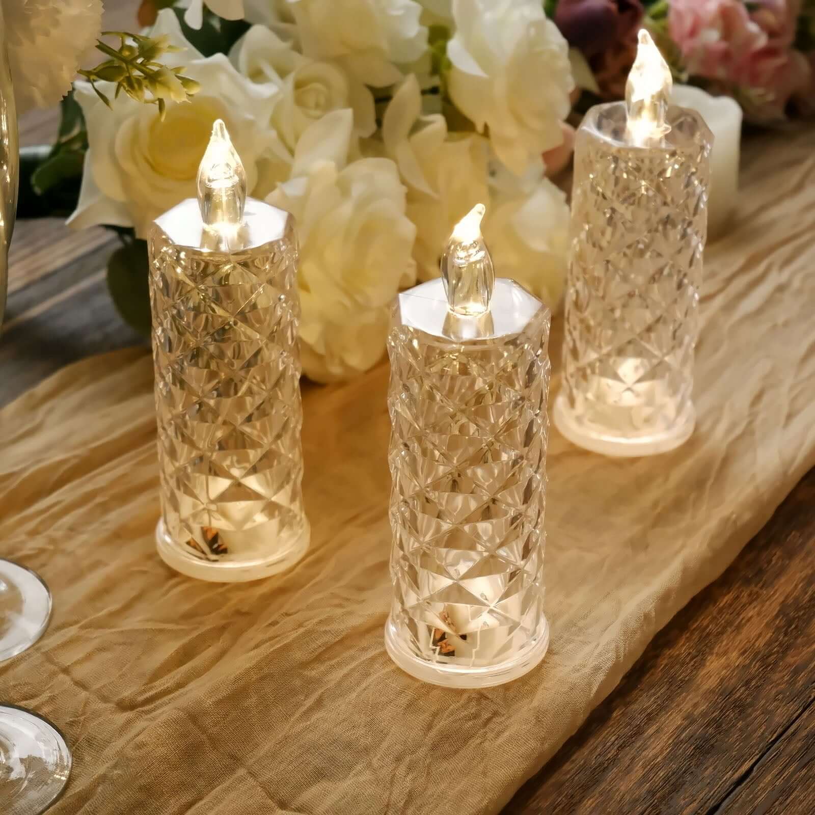 3 Pack Warm White LED Rose Halo Battery Operated Candle Lamps, Acrylic Diamond Pillar Flameless Candle Light 6