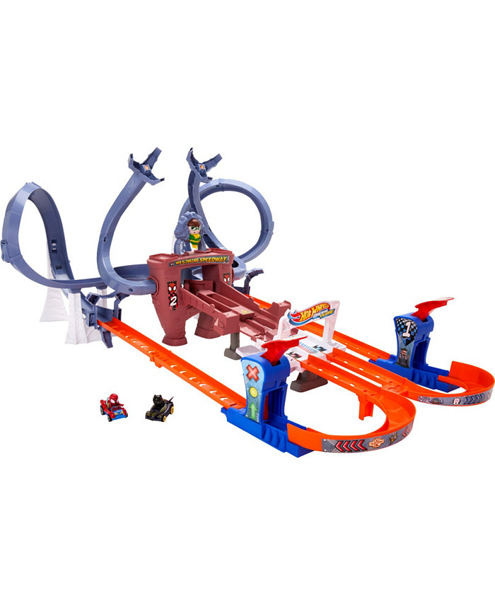 Hot Wheels RacerVerse Spider-Mans Web-Slinging Speedway Track Set with 2 Hot Wheels Racers