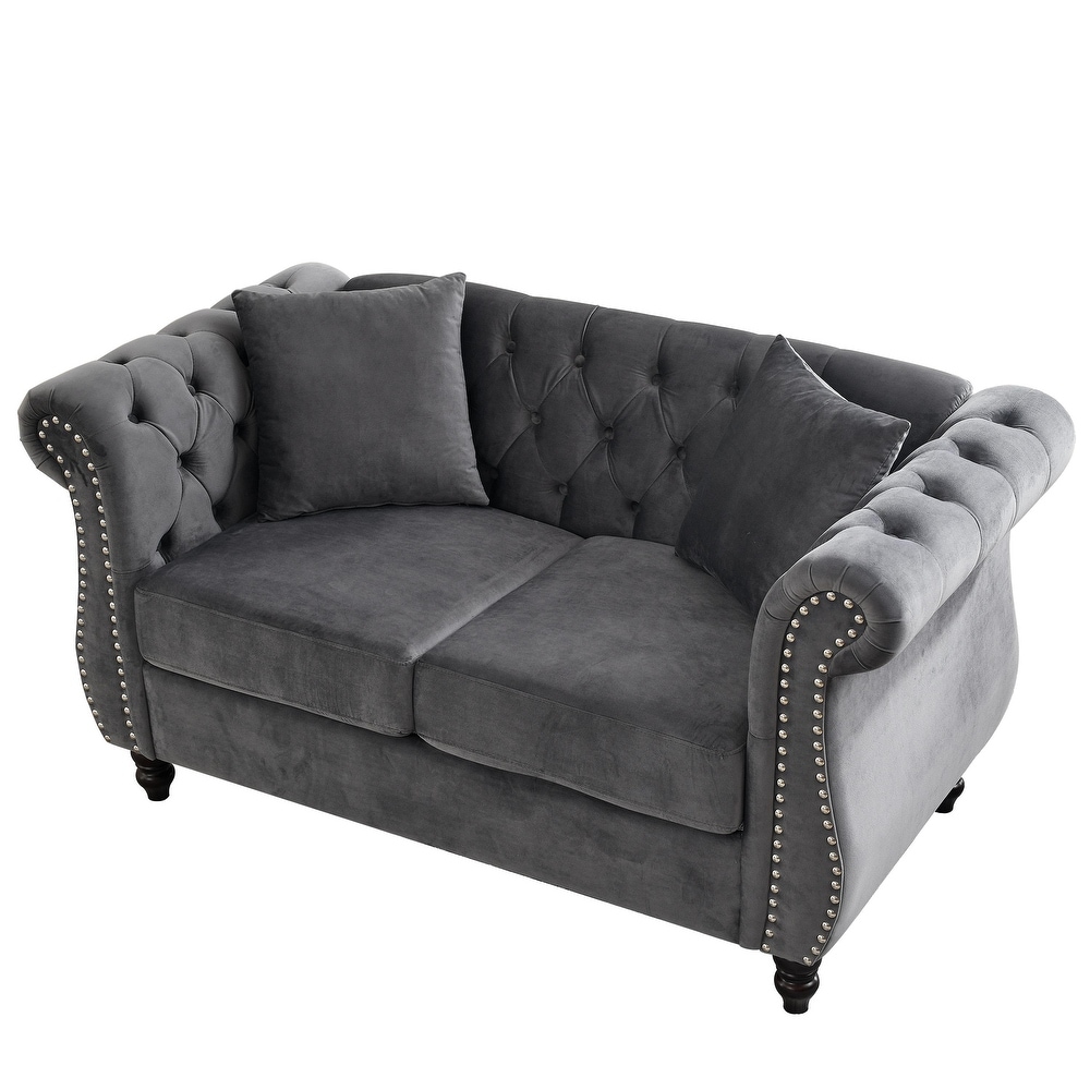 Velvet Chesterfield Sofa Set with Nailhead Trim and Tufted Low Back (Includes Pillows  3 Seater + Loveseat)