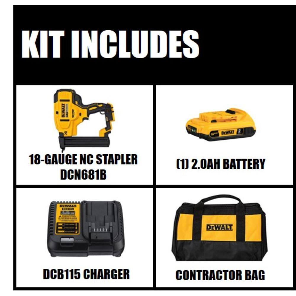 DEWALT DCN681D1 20V MAX XR Lithium-Ion Cordless 18-Gauge Narrow Crown Stapler Kit with 2.0Ah Battery， Charger and Contractor Bag