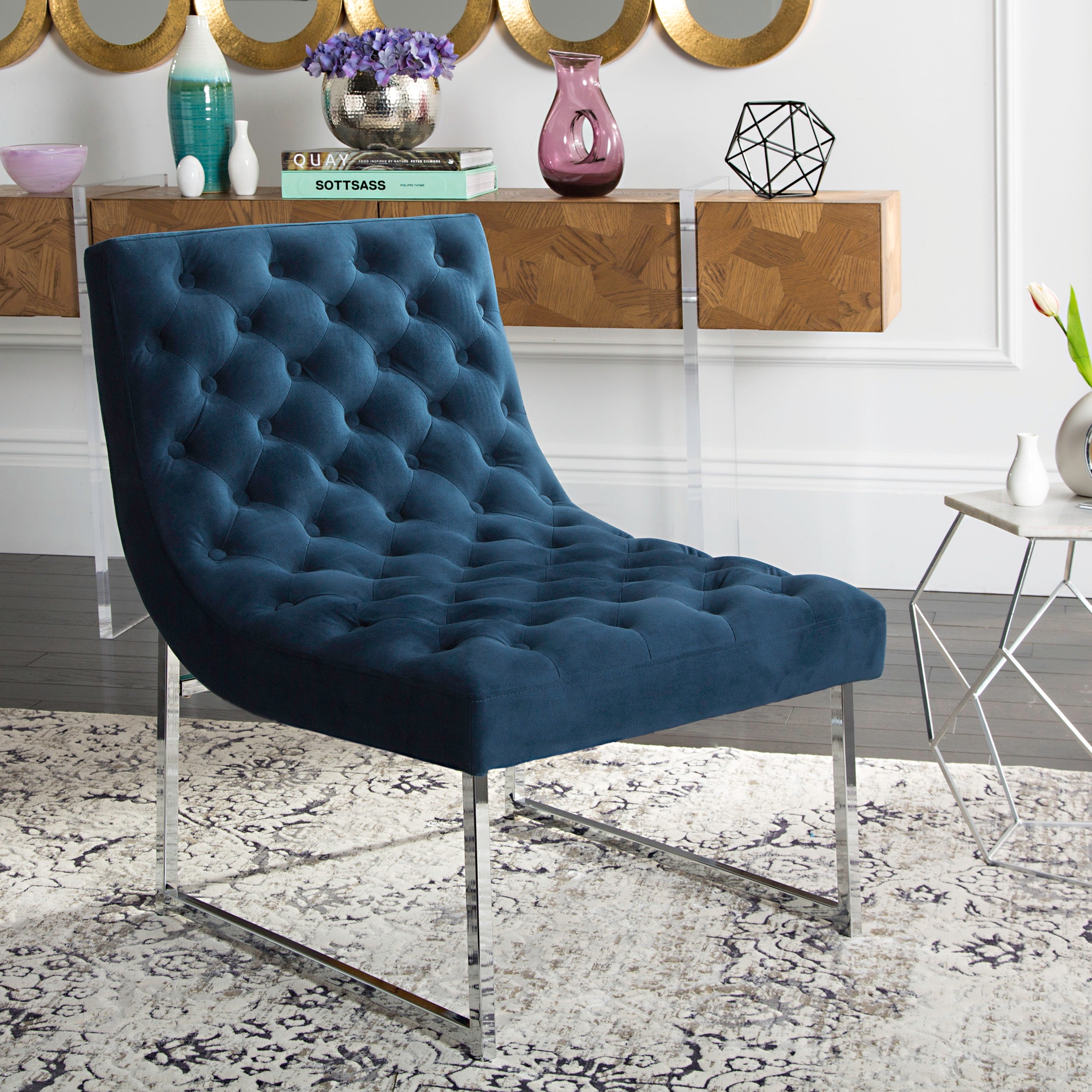 SAFAVIEH Mid-Century Modern Glam Hadley Tufted Velvet Navy Blue Club Chair - 25