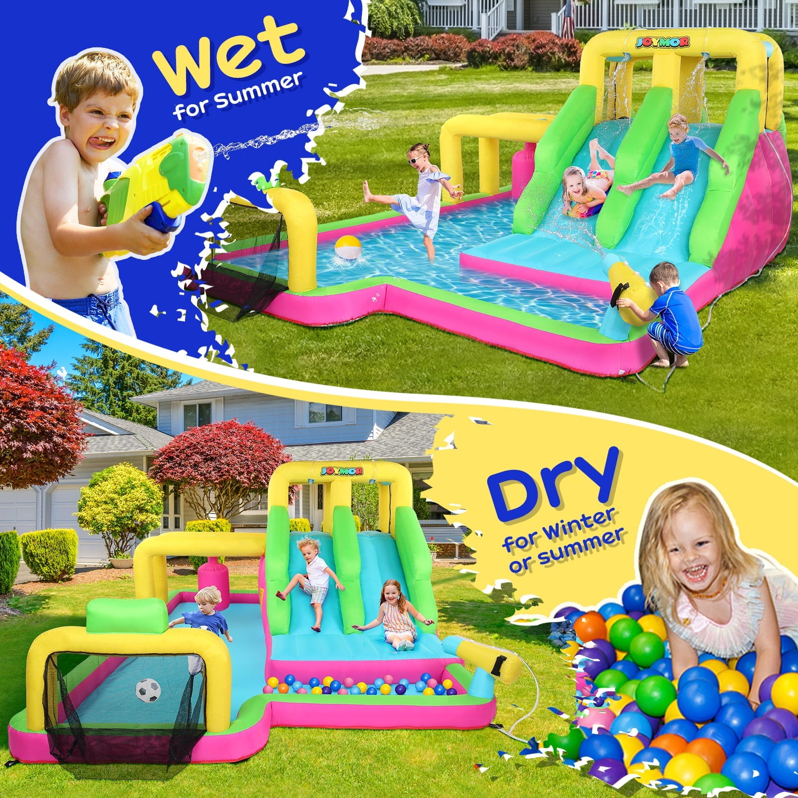 JOYMOR 6-in-1 Inflatable Double Water Slide Park for Kids Backyard, Bounce House w/ Obstacle Crossing, Ball Net, Climbing Wall, Water Gun, Bouncer Castle Outdoor Playhouse (Included Blower)