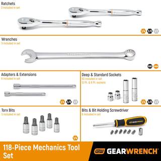 GEARWRENCH 14 in. 38 in. and 12 in. Drive Standard and Deep SAEMetric Mechanics Tool Set (118-Piece) 83001D