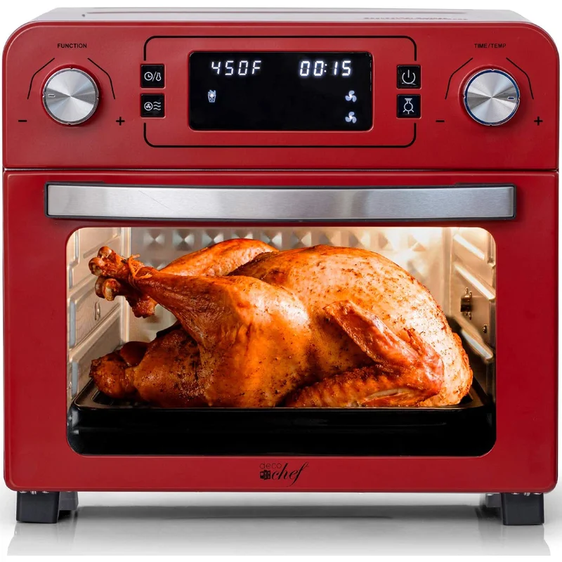 Deco Chef TQAIRRED 24 QT Red Stainless Steel Countertop 1700 Watt Toaster Oven with Built-in Air Fryer and Included Rotisserie Assembly， Grill Rack， Frying Basket， and Baking Pan