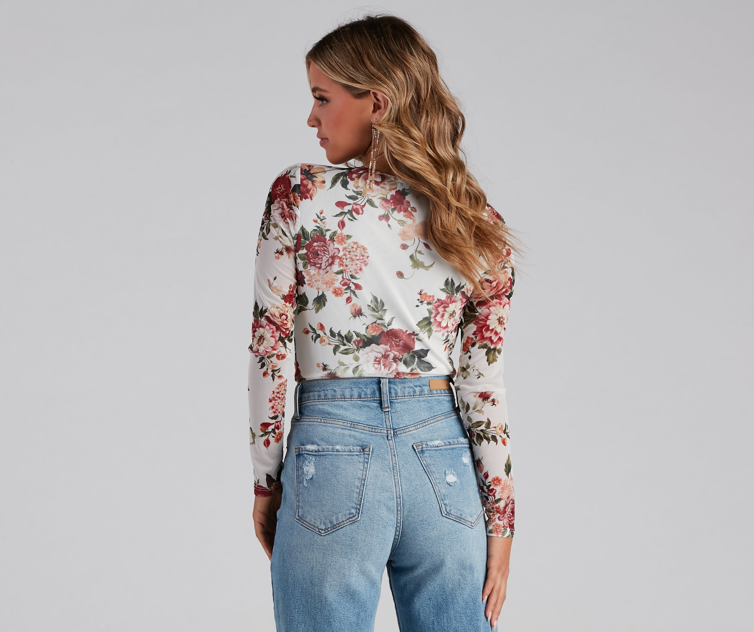 Natural Bloom Mesh Floral Surplice Bodysuit