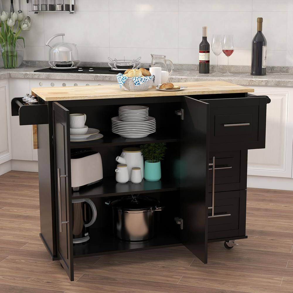 Tileon Black Kitchen Island with Spice Rack Towel Rack and Extendable Solid Wood Tabletop AYBSZHD308