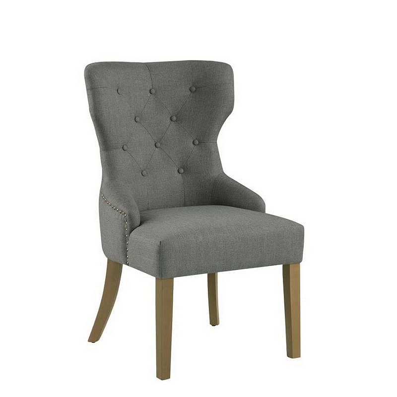 Polyester Upholstered Wooden Dining Chair with Button Tufted Wing Back， Gray and Brown