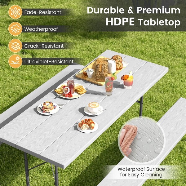 Folding Picnic Table Set with Metal Frame and AllWeather HDPE Tabletop，Umbrella Hole