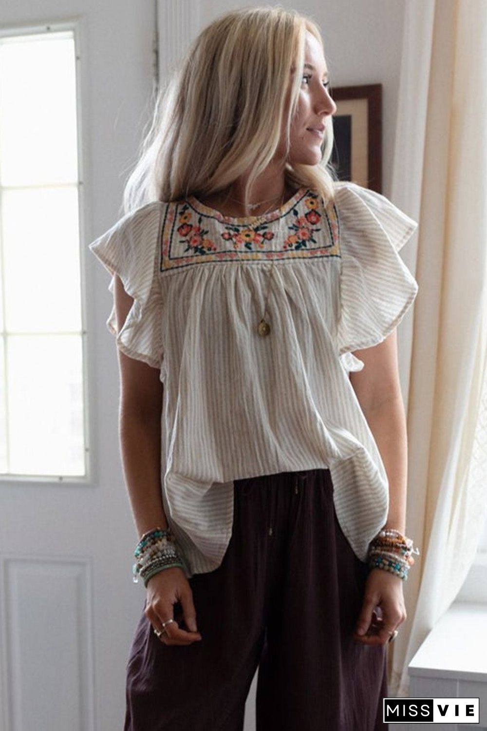 Stripe Ruffled Sleeve Embroidered Blouse