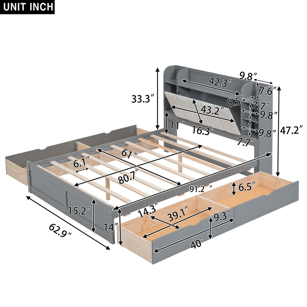 Queen Size Platform Bed w/ Storage Headboard   4 Drawers  Solid Wood Bedframe w/Shelves   Slat Support  No Box Spring Needed