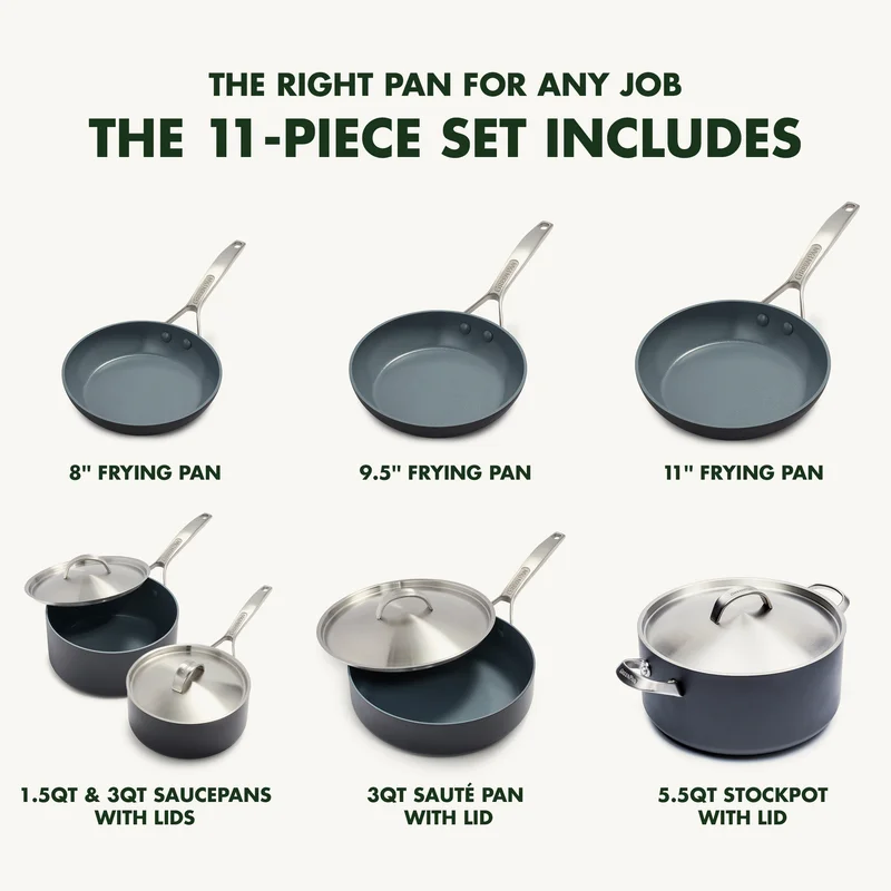 GreenPan Paris Pro Hard Anodized Healthy Ceramic Nonstick， 11 Piece Cookware Pots and Pans Set with Stainless Steel Lids， PFAS-Free， Dishwasher Safe， Grey