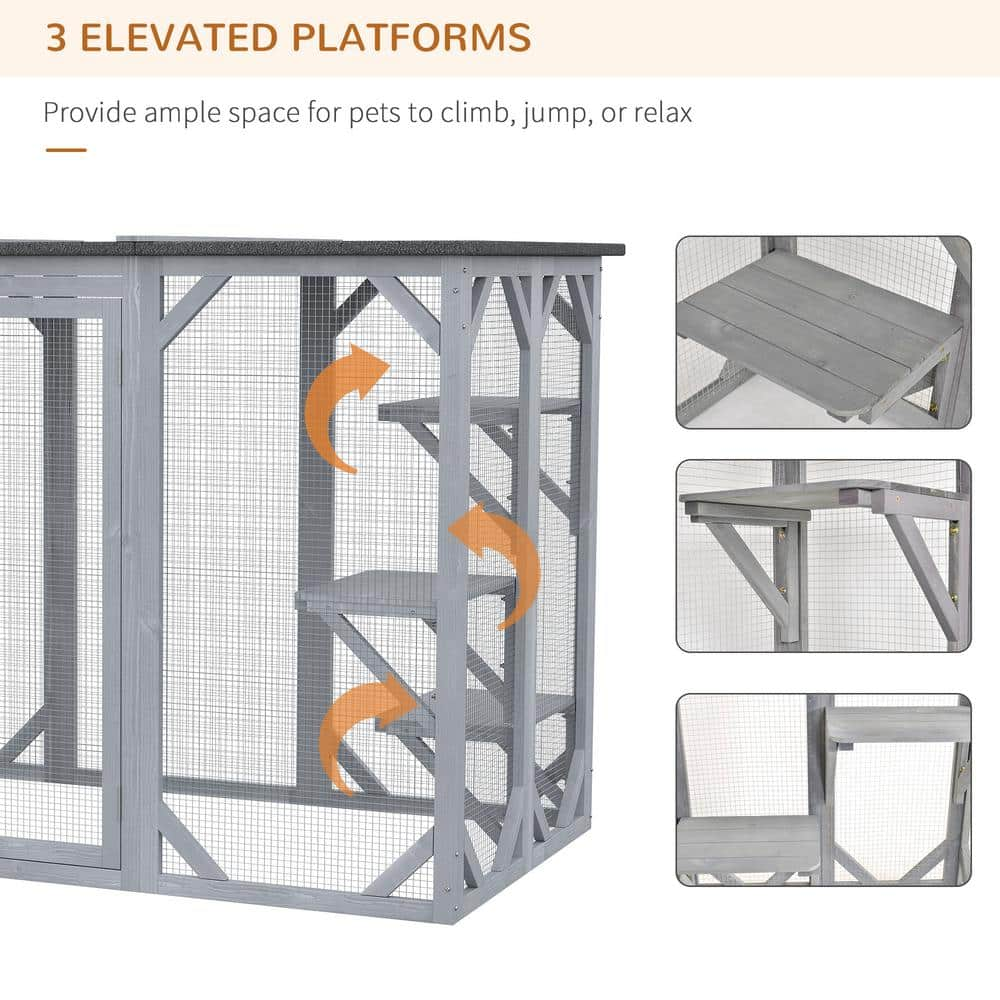 PawHut 71 in. L Grey Wooden Outdoor Cat House with Asphalt Roof, Multi-Level Platforms, and Large Enter Door D32-002GY