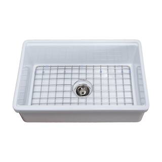 Empire Industries Tosca Farmhouse Fireclay 30 in. Single Bowl Kitchen Sink in White with Cutting-Board Bottom Grid and Strainer TO30