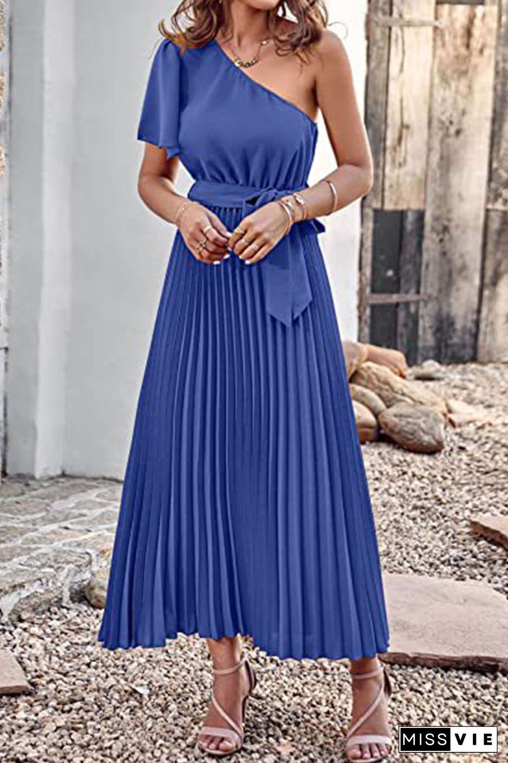 One SHoulder Short Sleeve Smock Maxi Dress