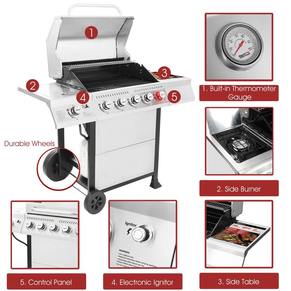 Royal Gourmet 5-Burner Propane Gas Grill in Stainless Steel with Sear Burner and Side Burner GA5401T