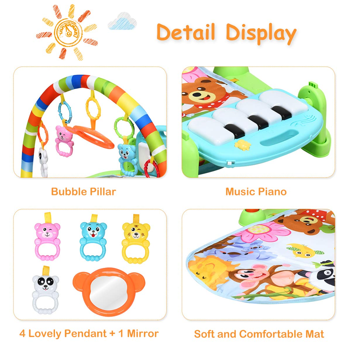 Baby Play Mat, Kick and Play Gym with Detachable Piano