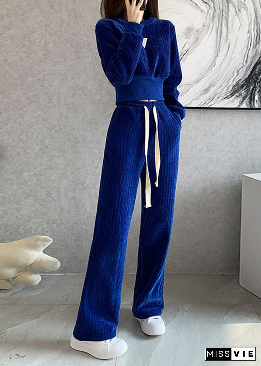 Natural Blue O-Neck Top And Wide Leg Pants Two Pieces Set Long Sleeve