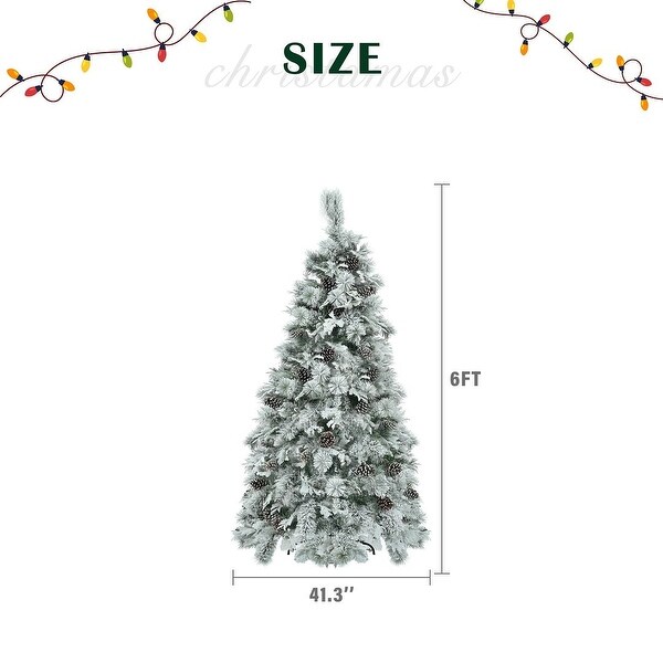 4/6/7.5FT PreLit Spruce Snow Flocked Christmas Tree，PE and PVC Artificial Lighted Xmas Tree with Cones，11 Flashing Modes