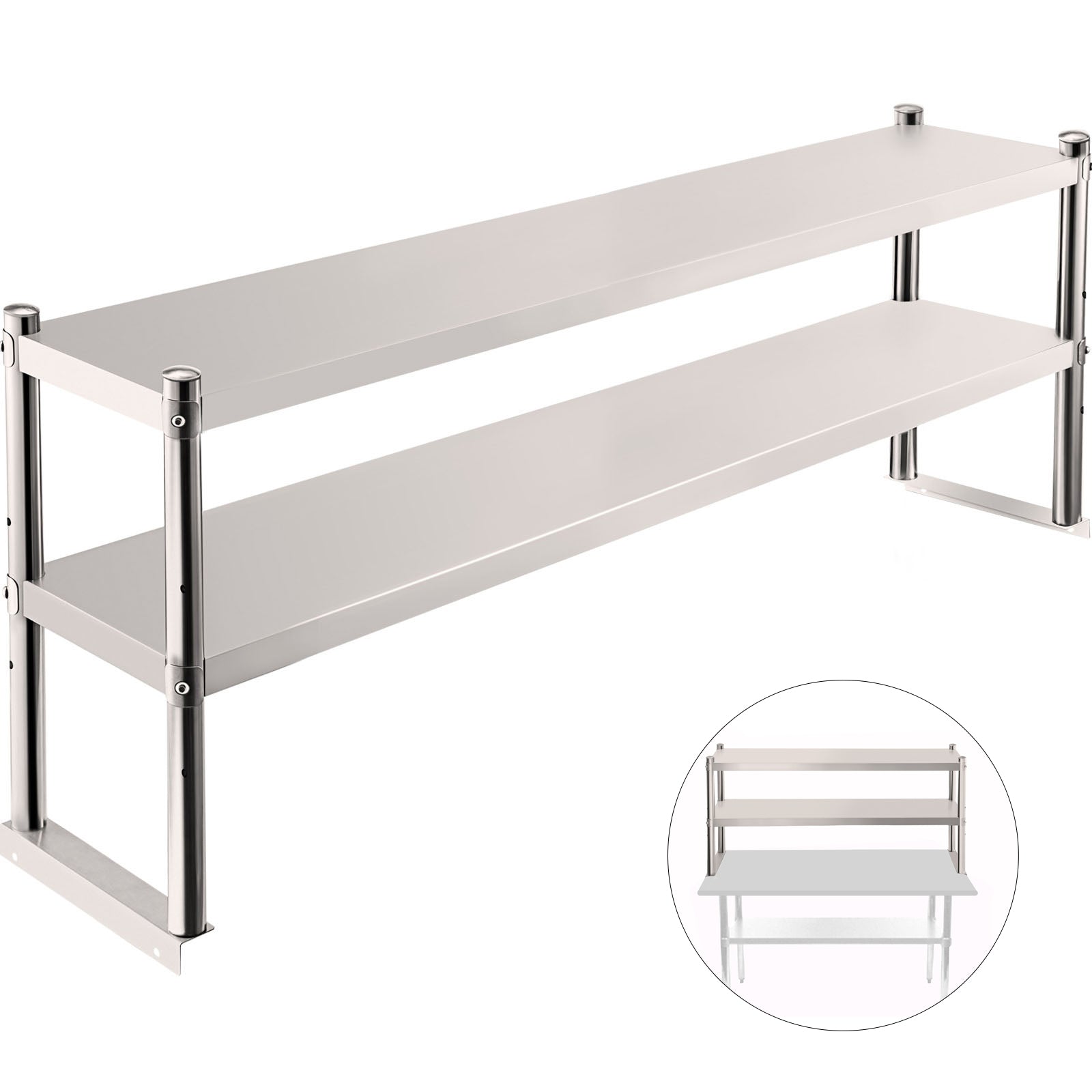 VEVOR Double Overshelf， Double Tier Stainless Steel Overshelf， 60 in.Length x 12 in.Width Double Deck Overshelf， Height Adjustable Overshelf for Prep and Work Table in Kitchen， Restaurant and Workshop