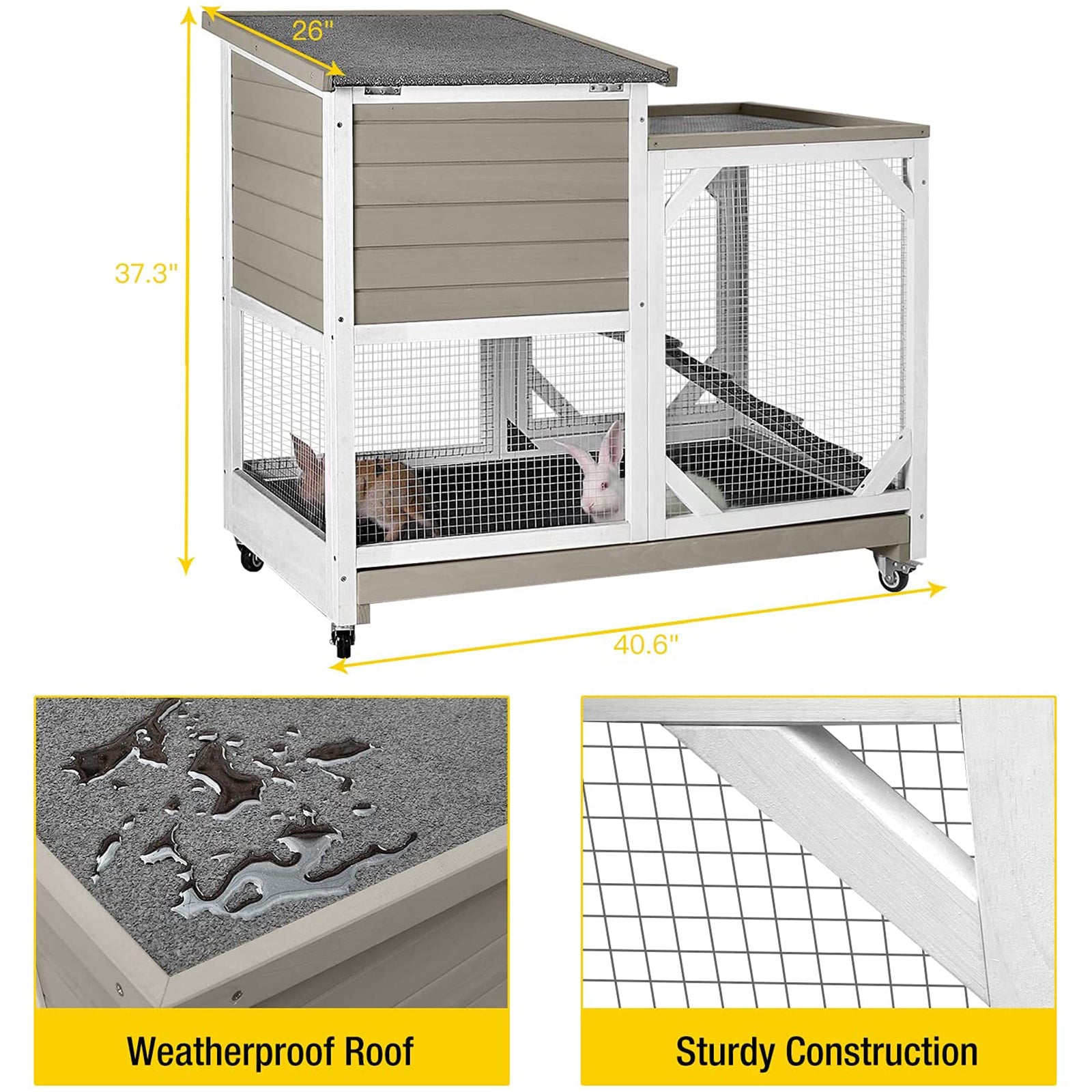 MORGETE Outdoor Rabbit Hutch Indoor Bunny Cage-Mocca Without Wire Mesh