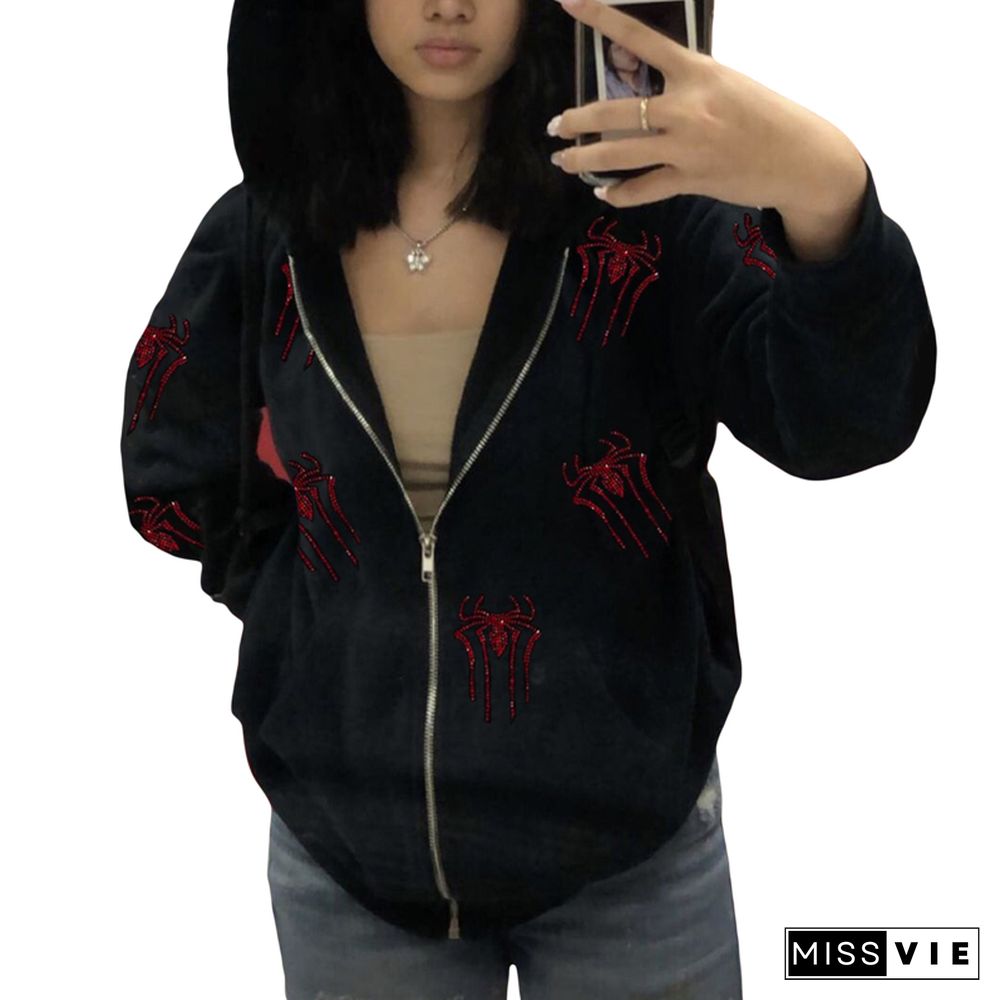 Gothic Coat Women Men Skull/ Spider Print Long Sleeve Hooded Jacket With Zipper Dark Academia Aesthetic Streetwear