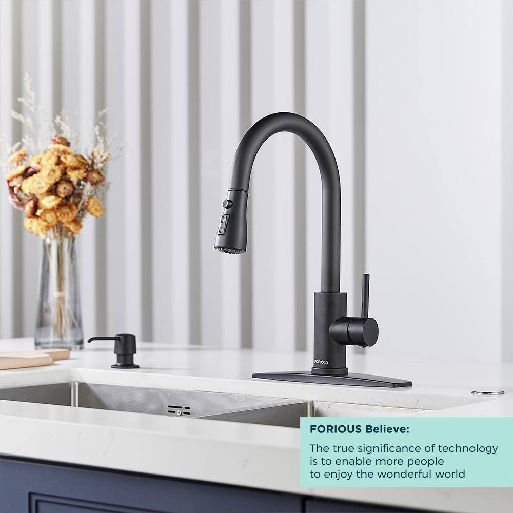 FORIOUS Single-Handle Kitchen Faucet with Pull Down Sprayer High-Arc Kitchen Sink Faucet with Deck Plate in Matte Black HH0023CB