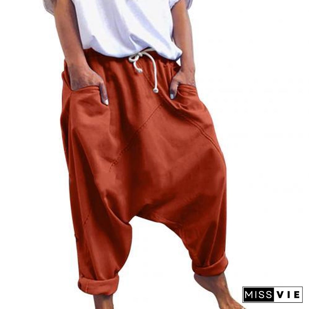 Women Casual Drawstring Pockets Drop Crotch Baggy Long Trousers Harem Pants P16400