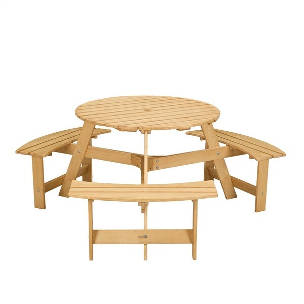 6 Person Outdoor Picnic Table with Bench，Round Pinic Table w/ 3 Bulitin Benches and Umbrella Hole，Outside Table and Bench Set