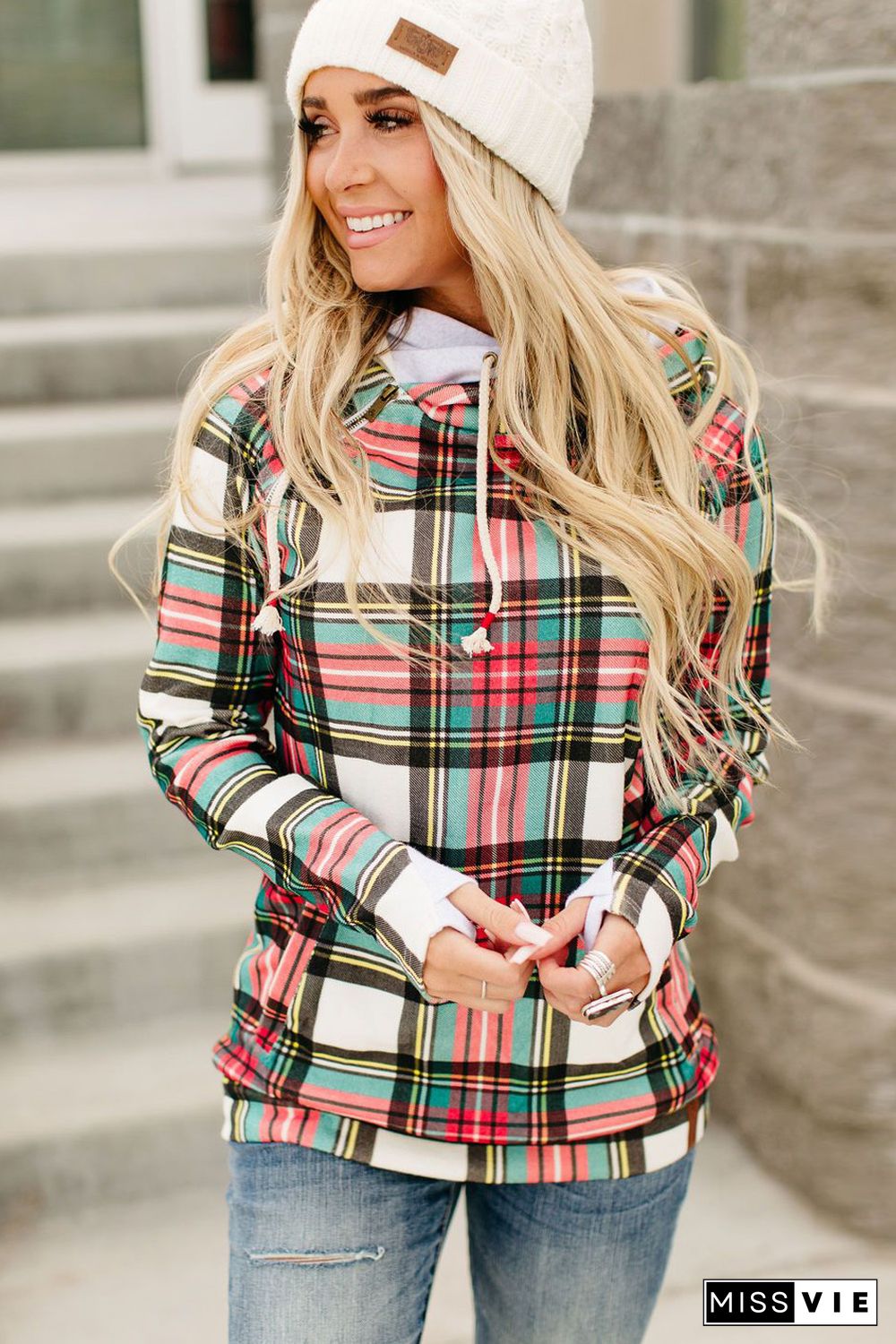 Multicolor Cowl Neck Plaid Drawstring Hoodie with Thumb Hole