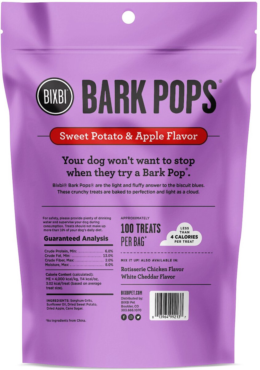 BIXBI Bark Pops Chicken-Free Sweet Potato and Apple Flavor Light and Crunchy Dog Treats