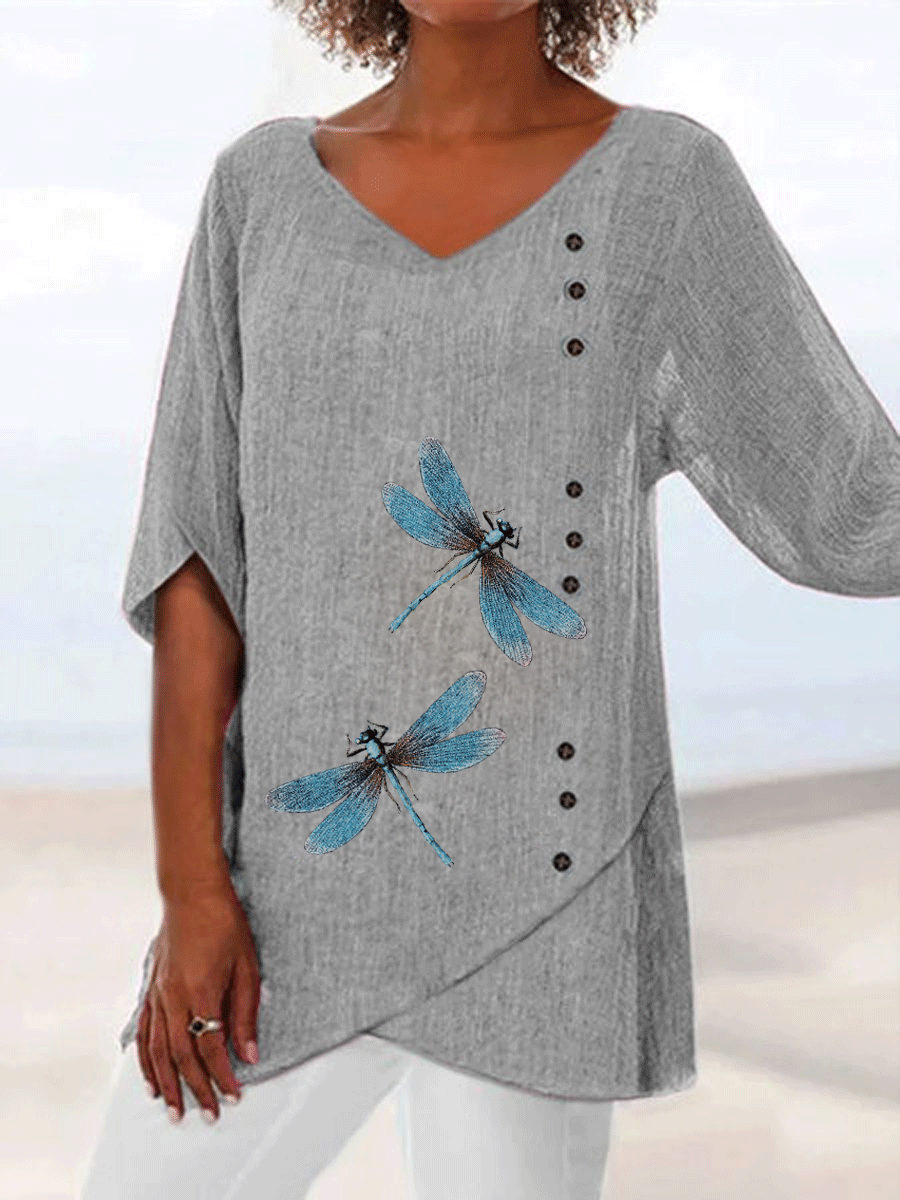 V-neck Dragonfly Print Loose Mid-sleeve Fashion Blouse