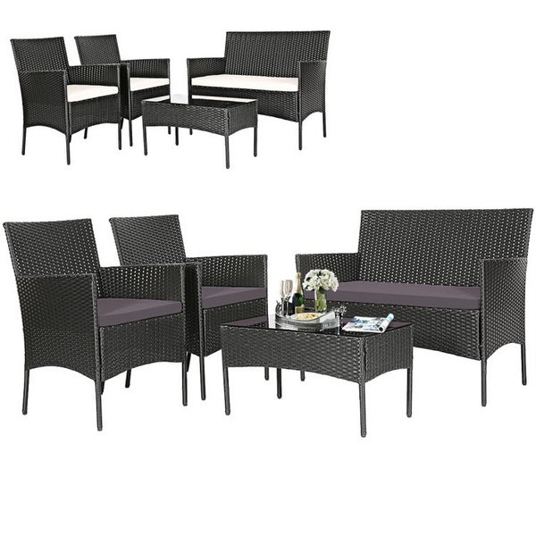 4 Pieces Patio Rattan Cushioned Sofa Set with Tempered Glass Table - Overstock - 37909378