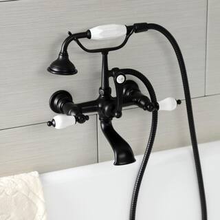 Kingston Brass Aqua Vintage 3-Handle Wall-Mount Clawfoot Tub Faucets with Hand Shower in Matte Black HAE553T0