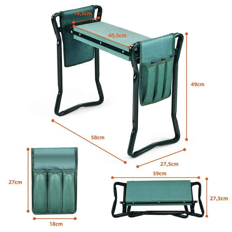 Folding Gardening Seat and Kneeler Bench, Portable Garden Stool with Tool Pouches & Soft Eva Pad Seat