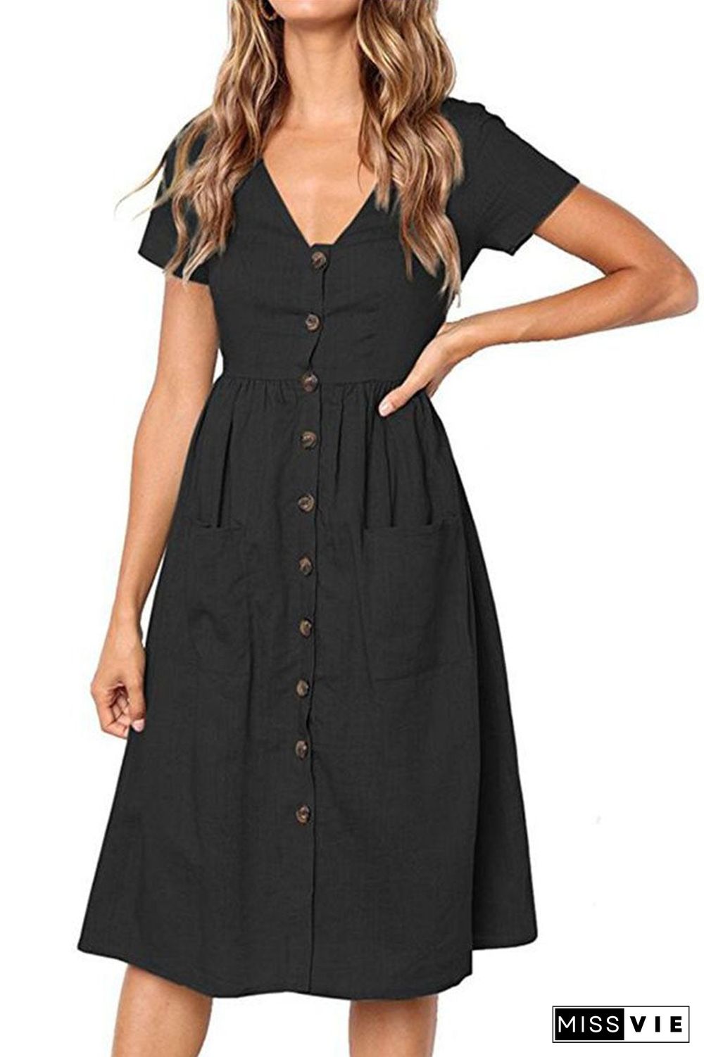 V-Neck Pocket Midi Dress(4 Colors)