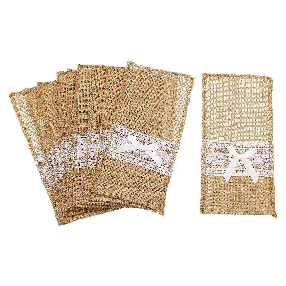 10Pcs Burlap Lace Utensil Holder Knife Forks Bag Cutlery Pouch for Wedding Decor   Light Brown