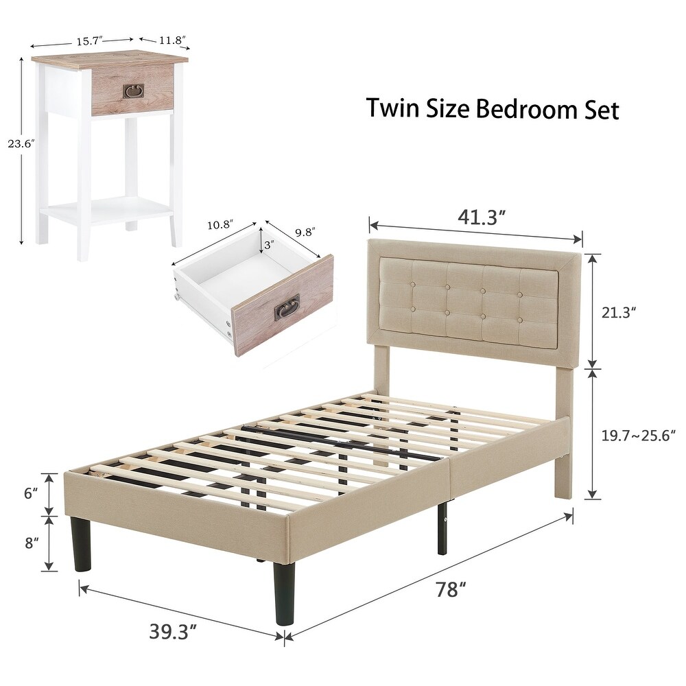 VECELO 3 Piece Upholstered Bedroom Set Tufted Adjustable Bed and Multi Color Nightstand Set of 2