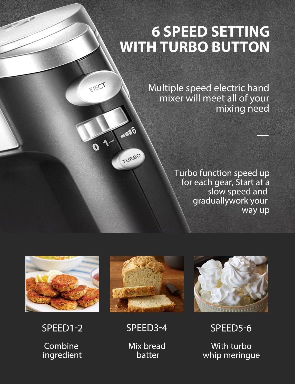 6 Speed Hand Mixer With Turbo Boost， Kitchen Hand Held Mixer Immersion Blender