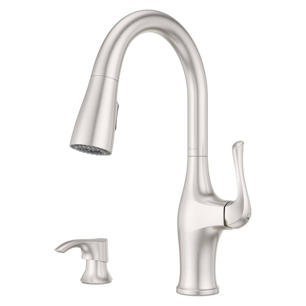 Pfister Wray Single-Handle Pull-Down Sprayer Kitchen Faucet with SoloTilt Soap Dispenser in Spot Defense Stainless Steel F-529-7WRYGS