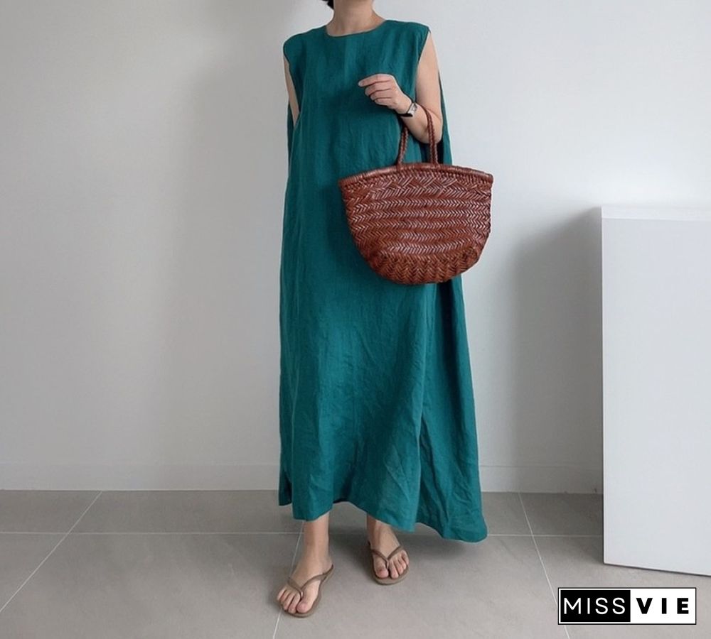 V Neck Linen Plain Casual Casualdress