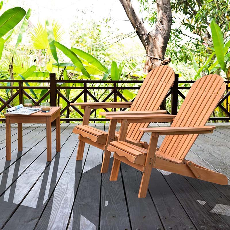 3 Pcs Slatted Design Wooden Adirondack Chair Set with Side Table & 2 Folding Lounger Chairs